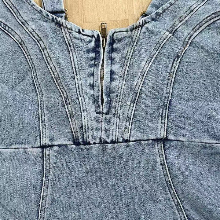 New European and American Cross-Border Amazon U-Neck Distressed Casual Style Suspender Dress Denim Dress 6336