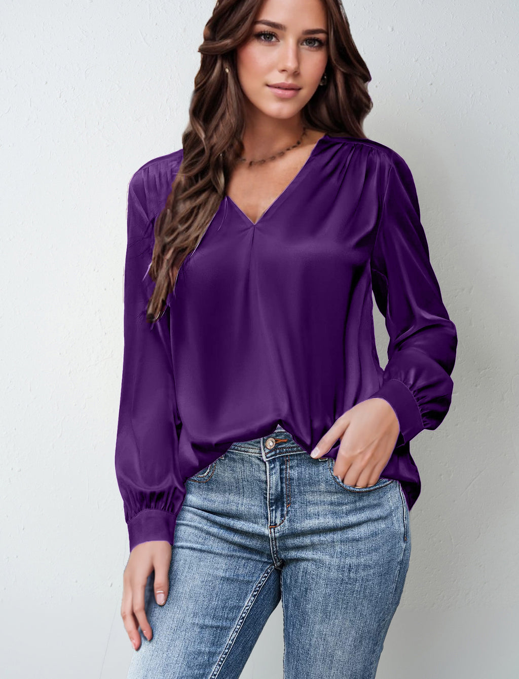 2026 Amazon Hot-Selling Women's Clothing Satin Pleated Long-Sleeve Top V-Neck Casual Loose Satin Commuter Shirt