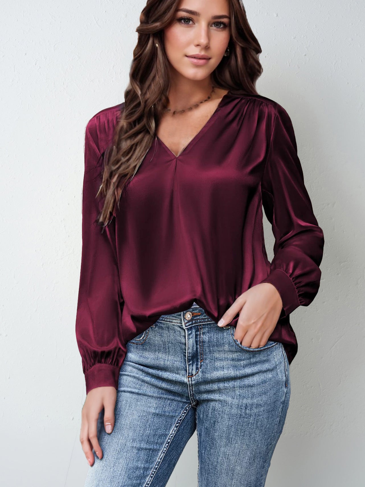 2026 Amazon Hot-Selling Women's Clothing Satin Pleated Long-Sleeve Top V-Neck Casual Loose Satin Commuter Shirt