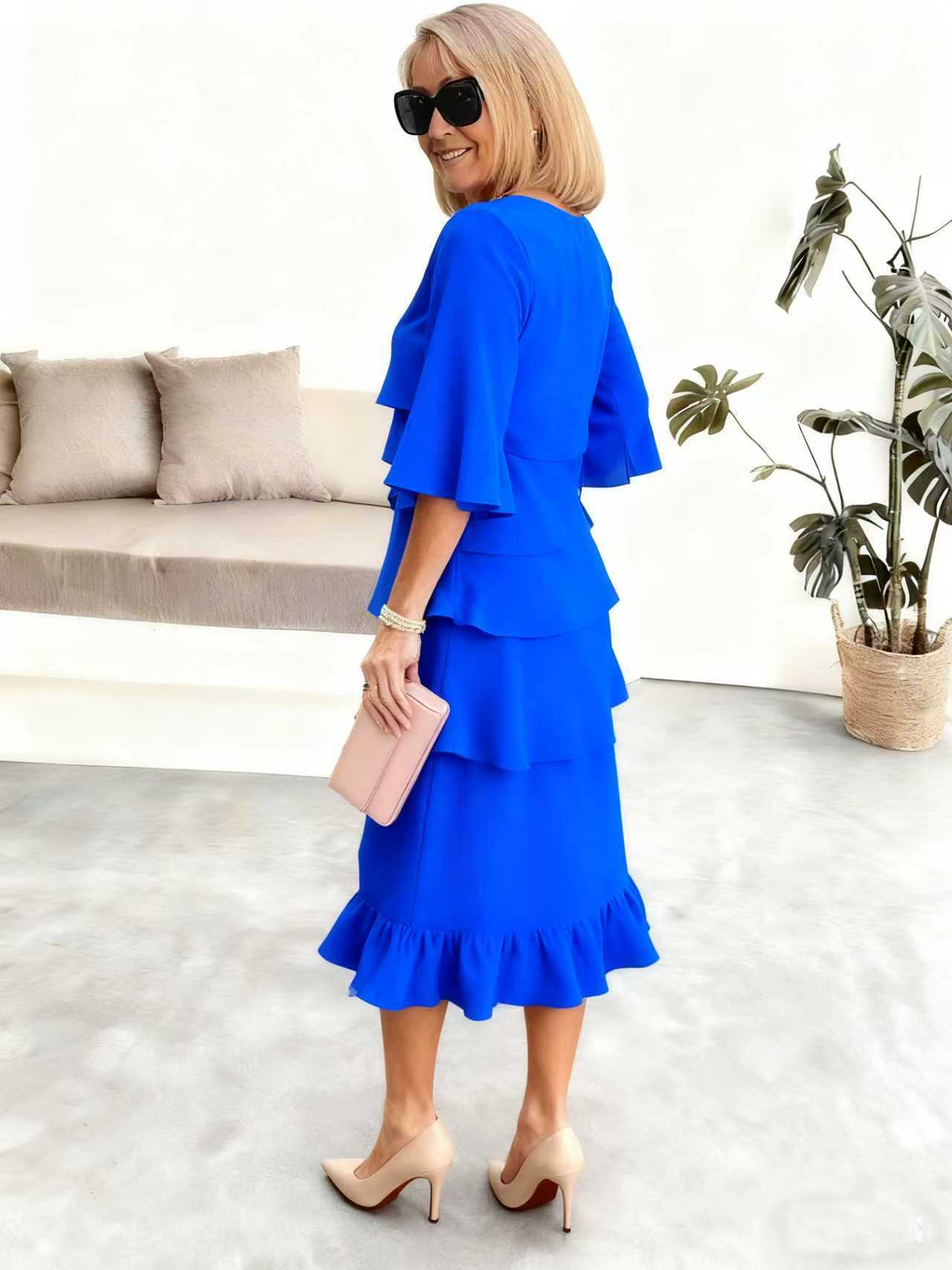 2025 New Amazon Foreign Trade Spring and Summer Fashion Cake Dress Women's Elegant Loose Slimming Round Neck Dress Women