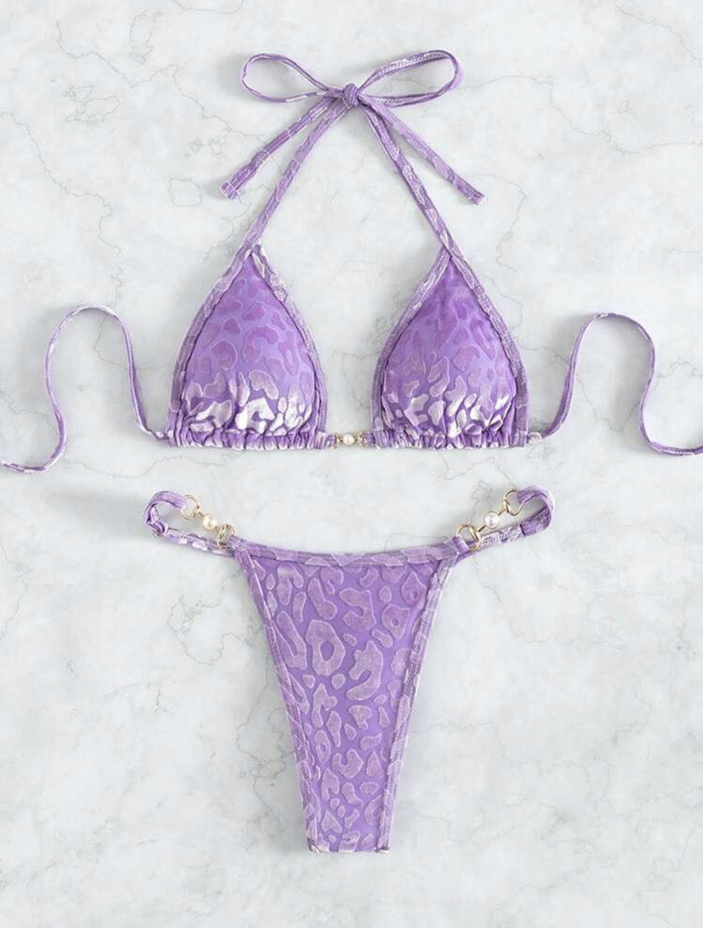 2025 European and American New Sexy T-Shaped Pearl Leopard Print Special Fabric Swimsuit Bikini Bikini Cross-Border