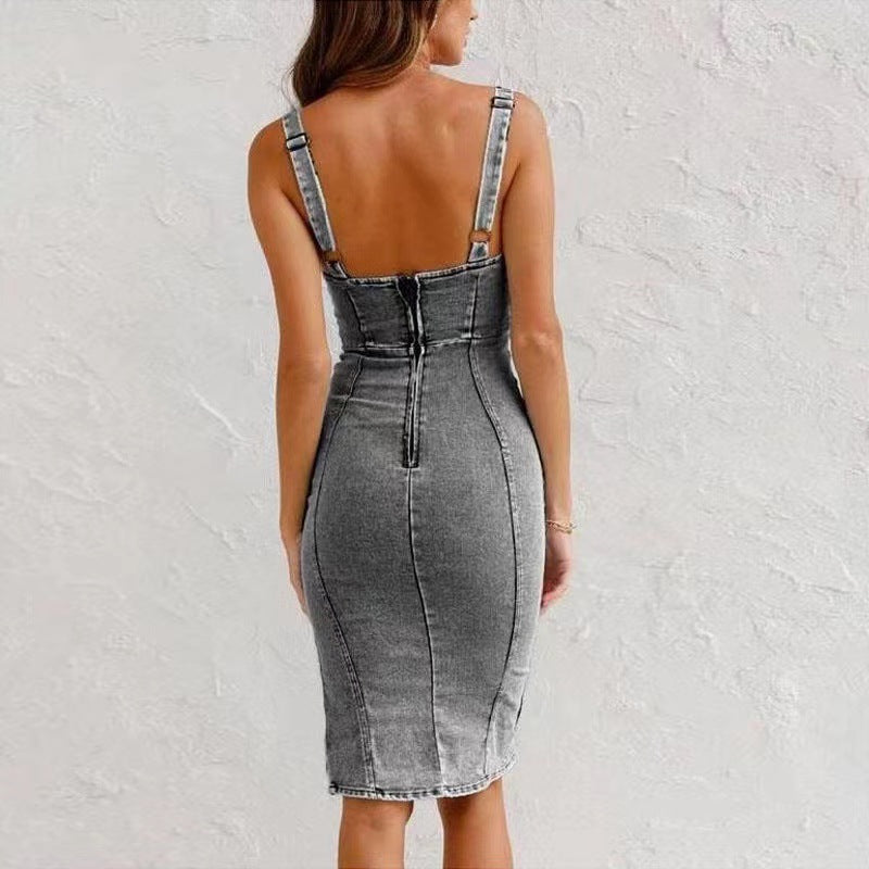 New European and American Cross-Border Amazon U-Neck Distressed Casual Style Suspender Dress Denim Dress 6336