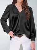 2026 Amazon Hot-Selling Women's Clothing Satin Pleated Long-Sleeve Top V-Neck Casual Loose Satin Commuter Shirt