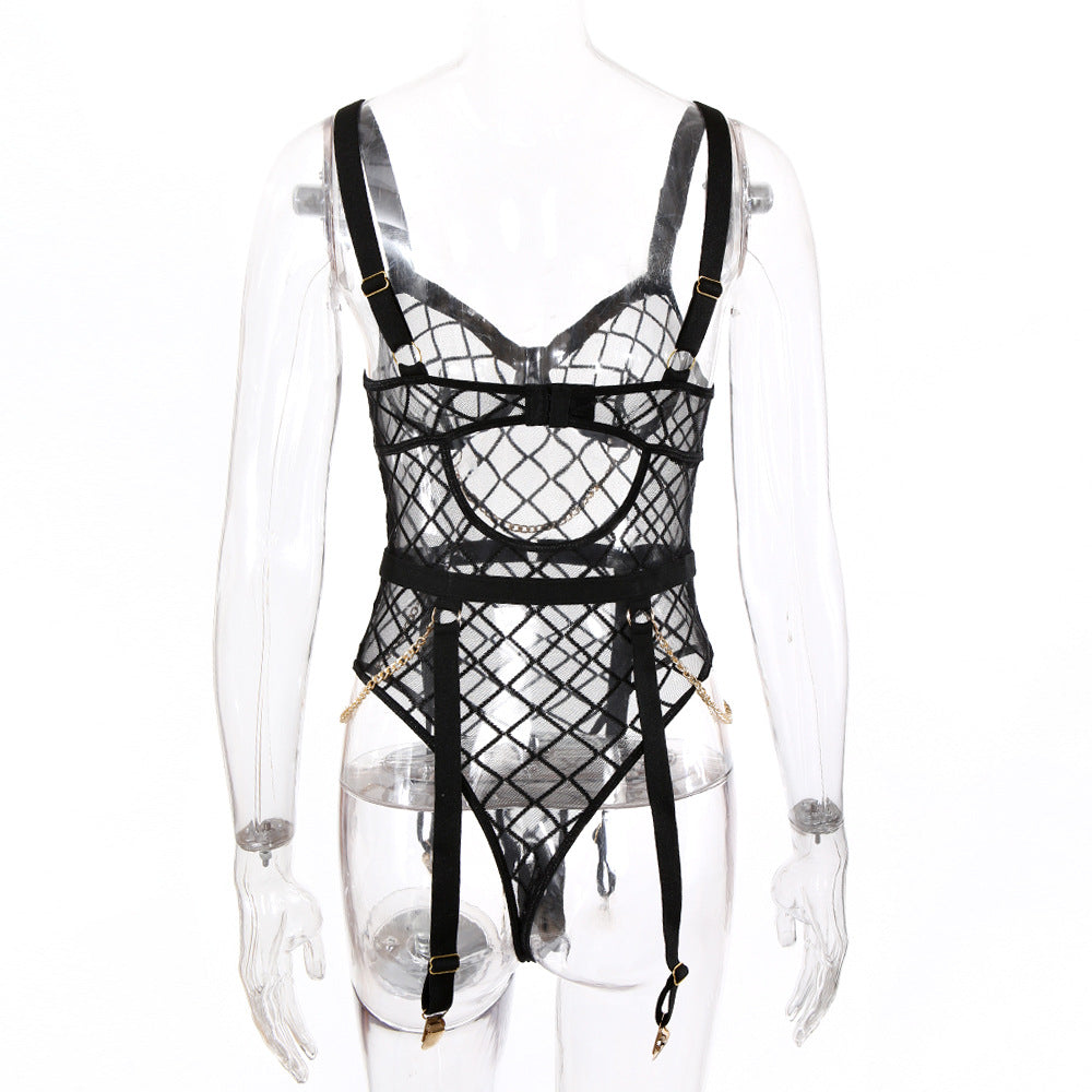 Pink Embroidery Floral Backless Sexy Mesh Sheer See Through One-piece Rompers Women Sexy Lingerie Slim Bodysuit Female Clubwear