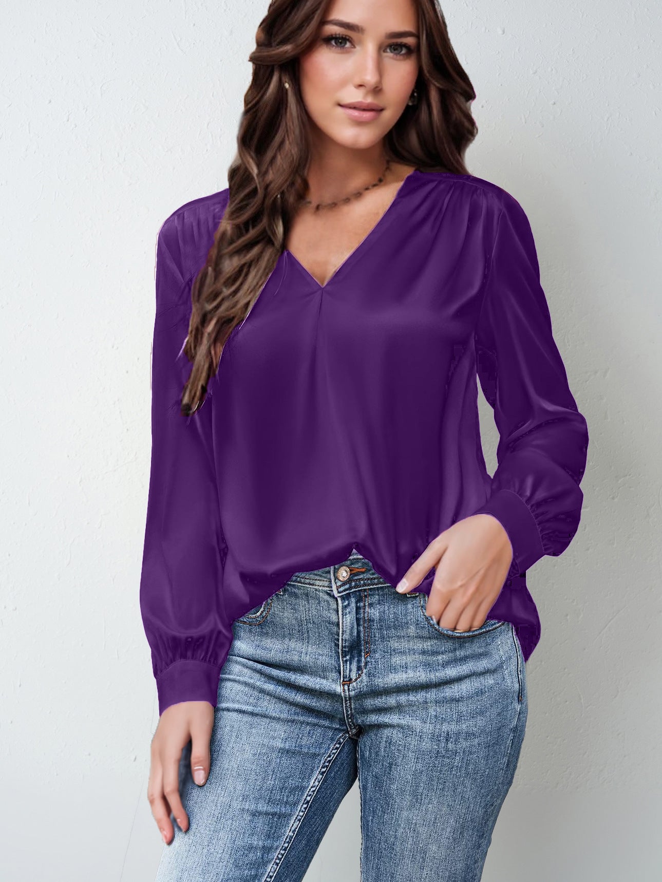 2026 Amazon Hot-Selling Women's Clothing Satin Pleated Long-Sleeve Top V-Neck Casual Loose Satin Commuter Shirt