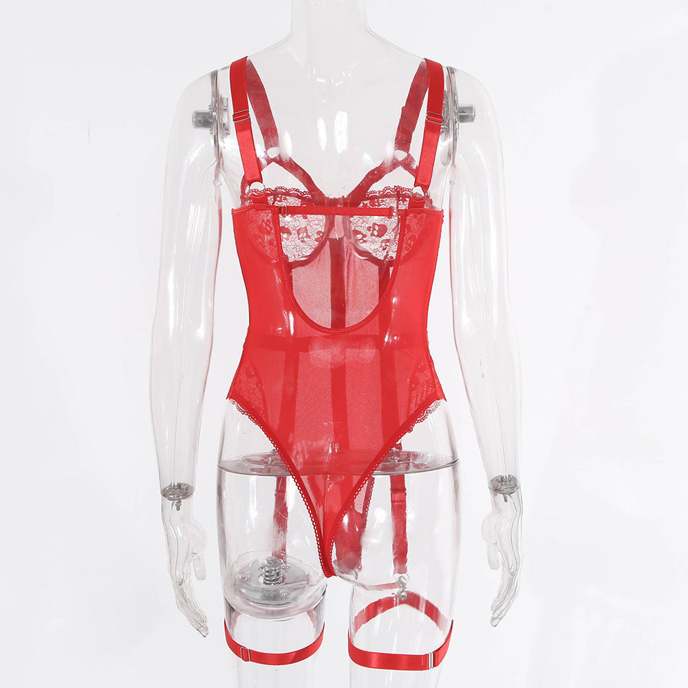 Pink Embroidery Floral Backless Sexy Mesh Sheer See Through One-piece Rompers Women Sexy Lingerie Slim Bodysuit Female Clubwear