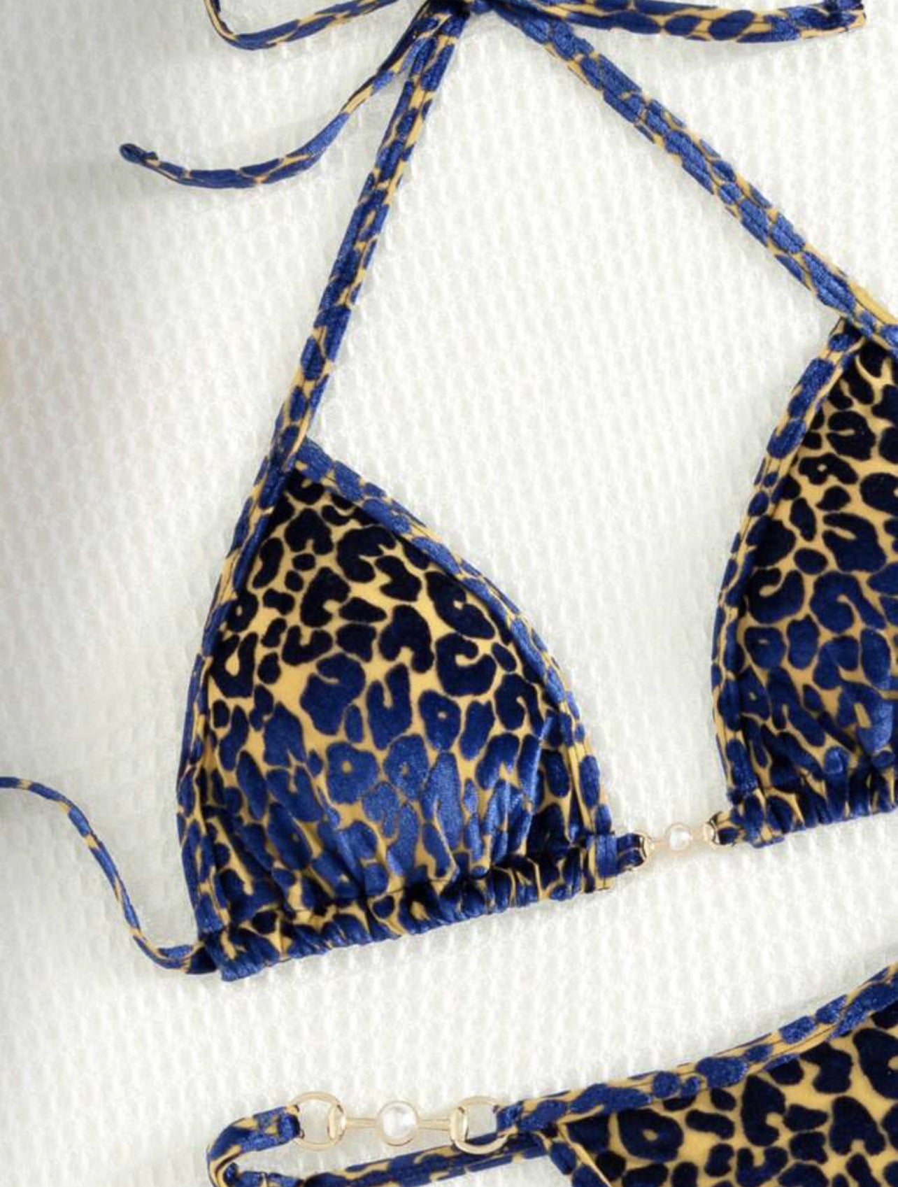 2025 European and American New Sexy T-Shaped Pearl Leopard Print Special Fabric Swimsuit Bikini Bikini Cross-Border