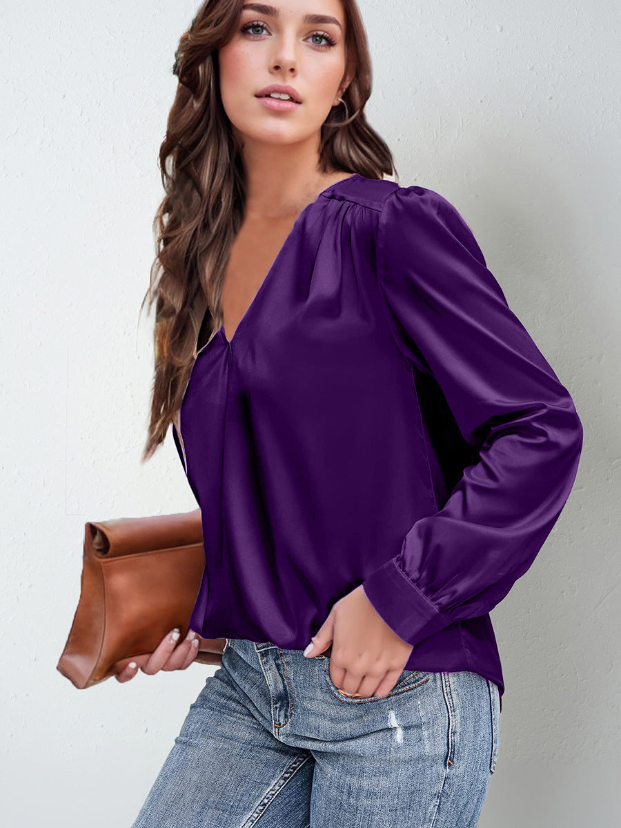 2026 Amazon Hot-Selling Women's Clothing Satin Pleated Long-Sleeve Top V-Neck Casual Loose Satin Commuter Shirt