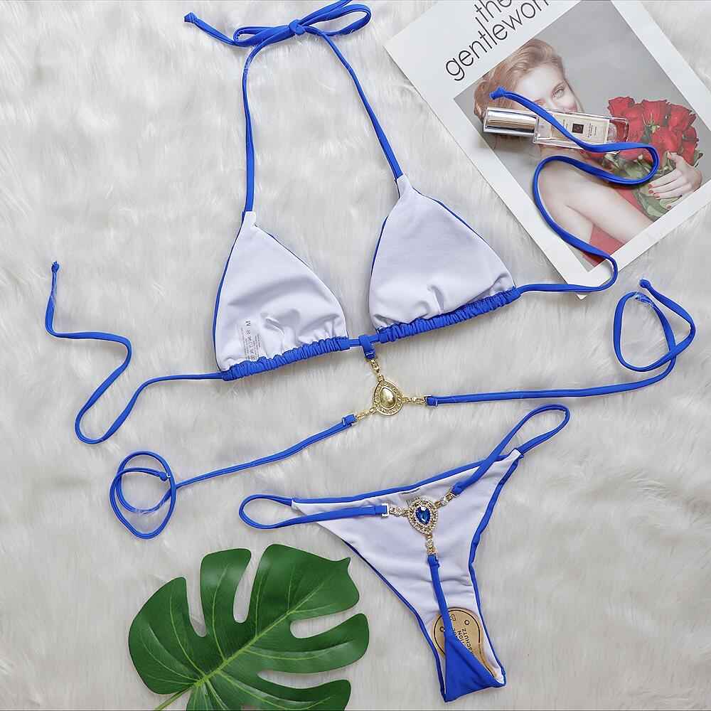 Extreme Mini Micro String Diamond Bikini Women Thong Swimwear Female Swimsuit Two Pieces Bikini Set Halter Bathing Suit Swim