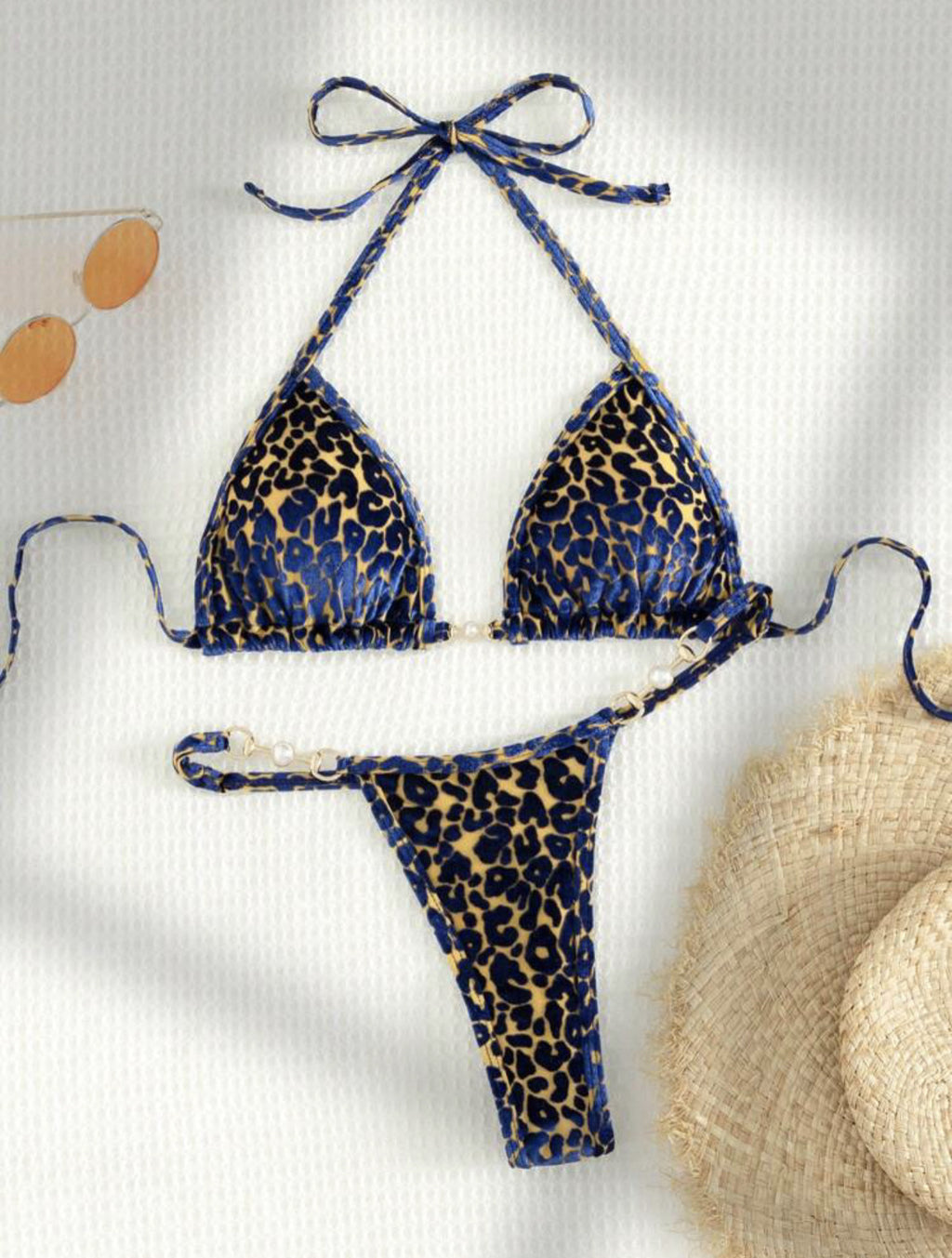 2025 European and American New Sexy T-Shaped Pearl Leopard Print Special Fabric Swimsuit Bikini Bikini Cross-Border