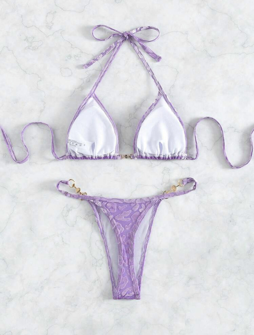 2025 European and American New Sexy T-Shaped Pearl Leopard Print Special Fabric Swimsuit Bikini Bikini Cross-Border