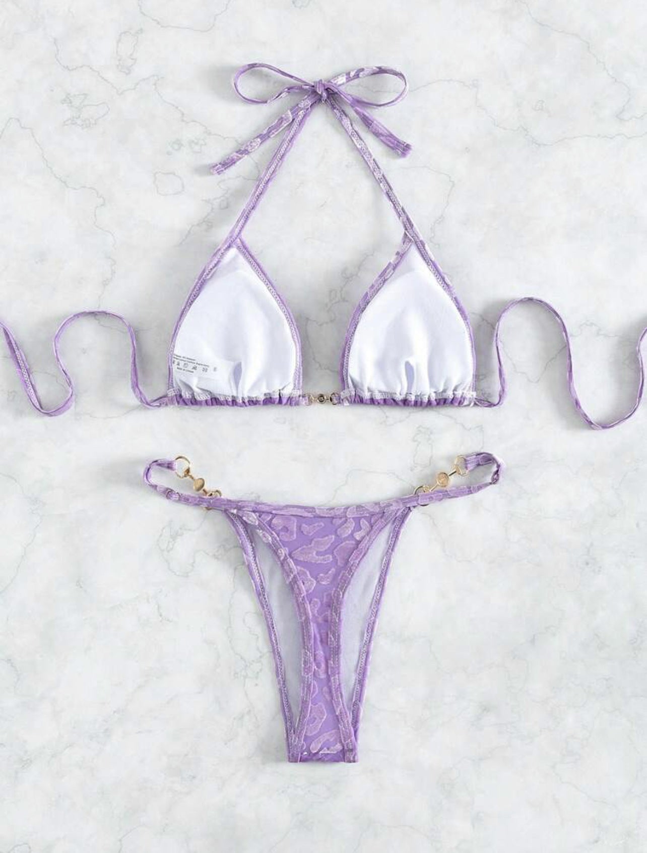 2025 European and American New Sexy T-Shaped Pearl Leopard Print Special Fabric Swimsuit Bikini Bikini Cross-Border