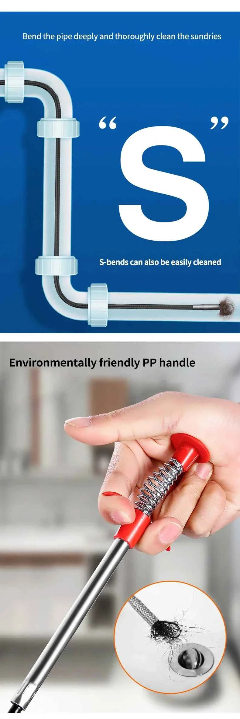 60cm Flexible Drain Snake Spring Pipe Cleaner Tool for Kitchen/Bathroom Sink Clogs (Heavy-Duty Hair & Debris Remover)