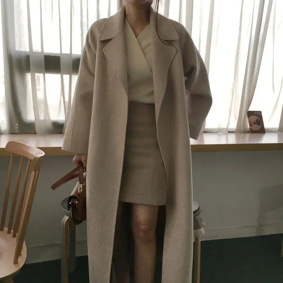 Chic Thick Warm Lapel Lace-up Pockets Loose Woolen Coat 2025 Autumn Winter New Korean Female Long Oversize Casual Women Clothes