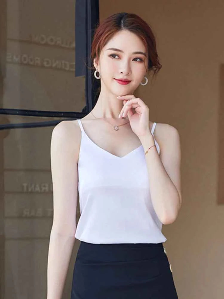 Casual V-Neck Sexy Solid Satin Woman Camis Tank Tops Chiffon Sleeveless Camisole Top Halter Camis Tops