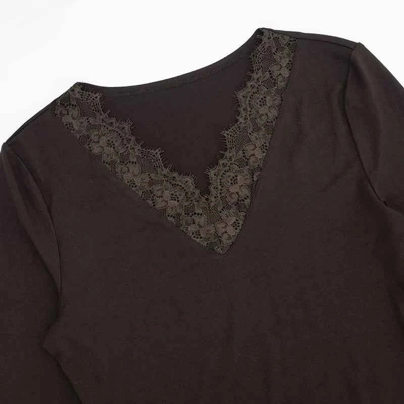 Women's V-neck Lace Splicing Top European American Style Autumn New Waist Exposed Umbilical Fashionable Casual Wear