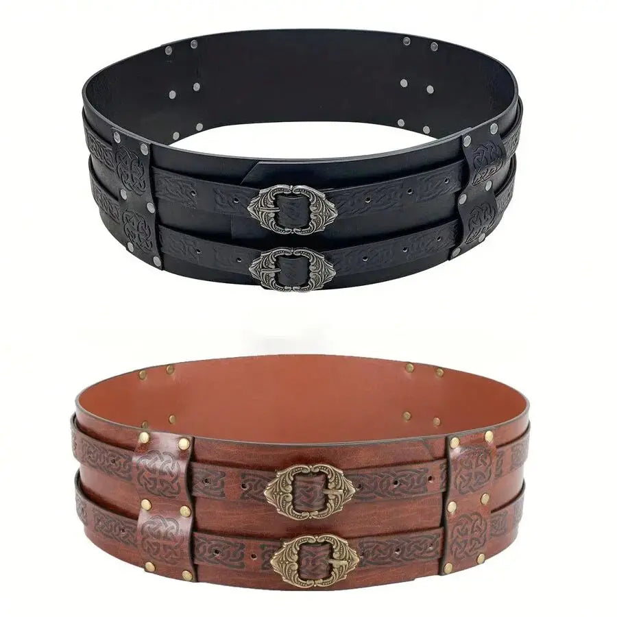 Renaissance Viking Embossed Wide Belt Medieval Faux Leather Armor Belt Medieval Wide Belt for Men PU Leather Costume Accessory