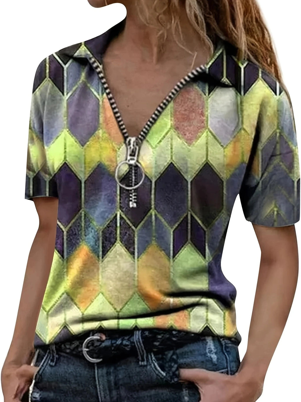 Versatile All-Season Women's Polo Shirt- Easy-Care,Stretch Comfort with Stylish Zip and Geometric Design for Everyday Casual Wea
