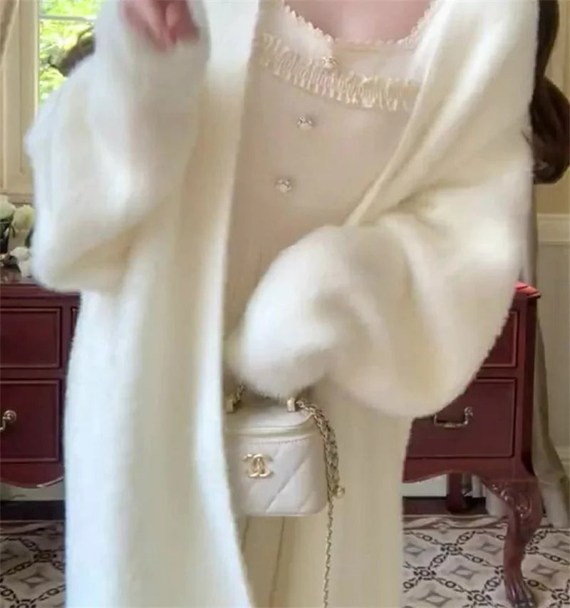 White Gentle Mink Fur Sweater Knitted Cardigan Women's 2024 Autumn Winter New Loose Versatile mid to long Lazy Milk fufu Jacket