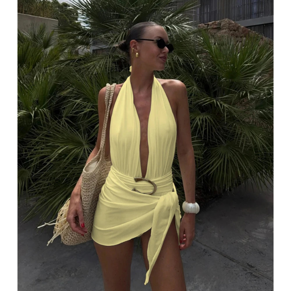 Two Pieces Micro Bikini 2026 Sexy Swimsuit Women Halter Swimwear Biquini Female Solid Bodysuit Bathing Suits Sarong Mini Skirt