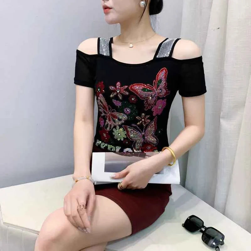 New Arrival Summer European Clothes Women's T-Shirts Chic Luxury Butterfly Hot Diamonds Tees Sexy Girl Slim Streetwear Tops