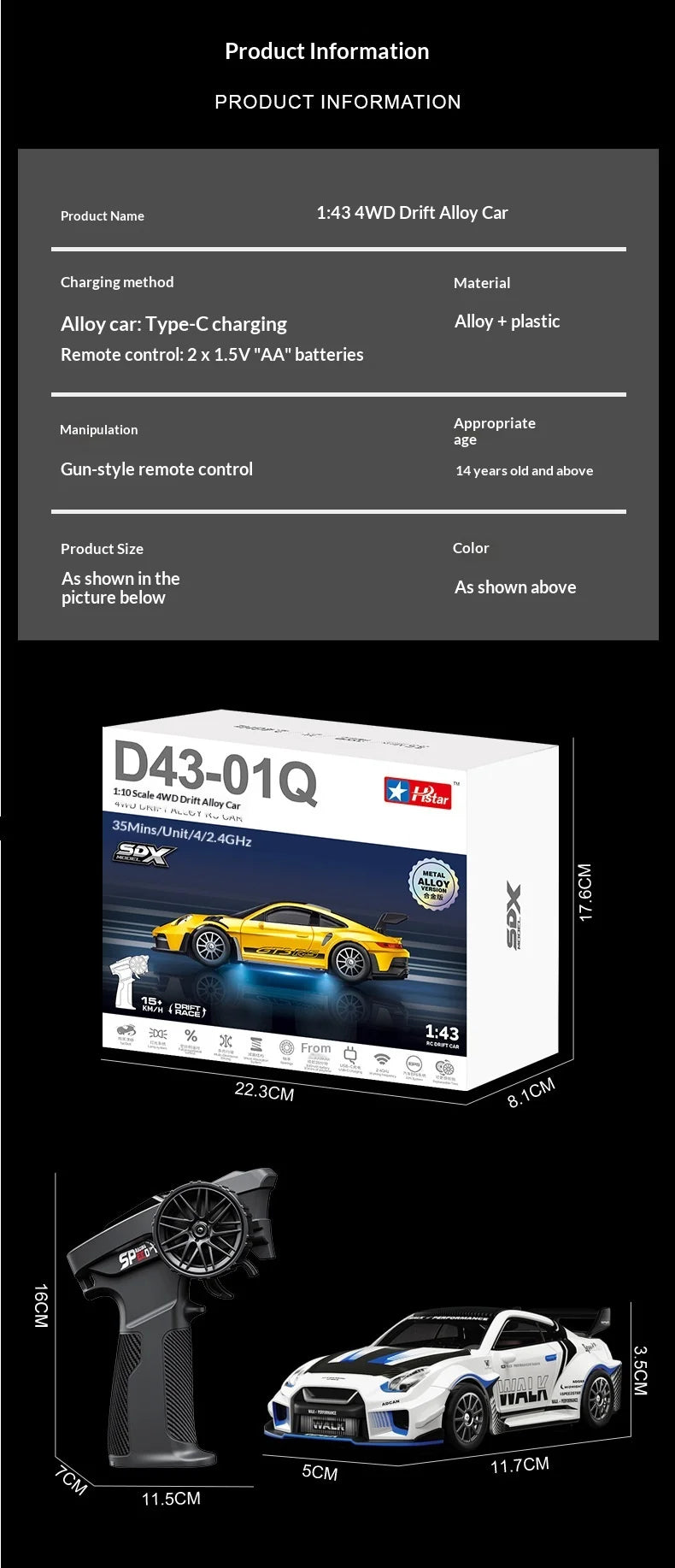 Mini Alloy RC Car 1:43 High-Speed Drifting Sports Car Boys Toy Four-Wheel Drive Simulation Race Car Remote Control Vehicle