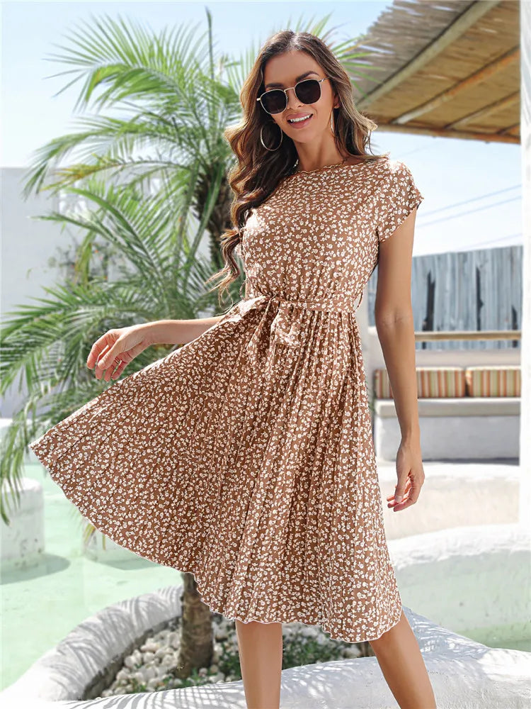 Msfilia Summer Print Pleated A Line Long Dress Women Short Sleeve High Waist Spring Round Neck Chic Dress with Belt