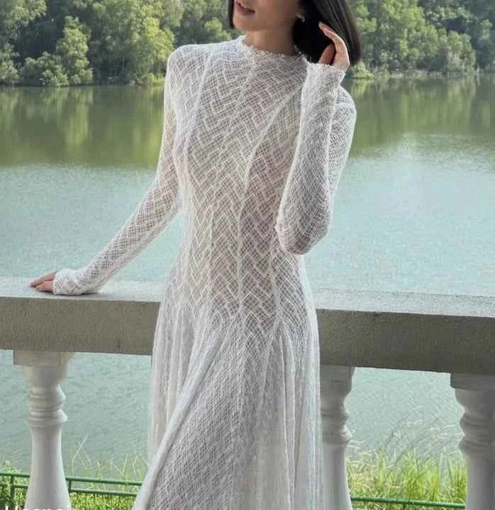 TWOTWINSTYLE Solid Slimming Spliced Ruffles Dresses for Women Round Neck Long Sleeves Patchwork Hollow Out Dress Female Clothing