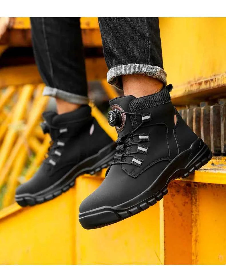 Leather Non Slip Work Boots for Men Rotating Button Safety Shoes Steel Toe Sneaker Male Puncture Proof Protective Boots