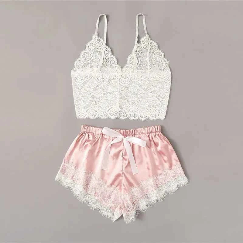 1 Set Women's Sexy Fashion Casual Lace Sleepwear Lingerie Tops Shorts Set Ladies Erotic Babydoll Pajamas Nightwear Underwear New