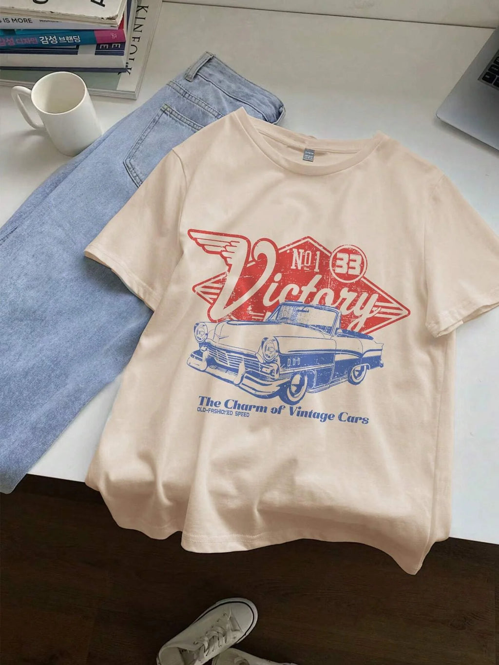 Women Cotton T-shirts The Charm Of Vintage Cars Victory Printing Short Sleeve O-Neck Loose Tops Summer Street Female Clothes