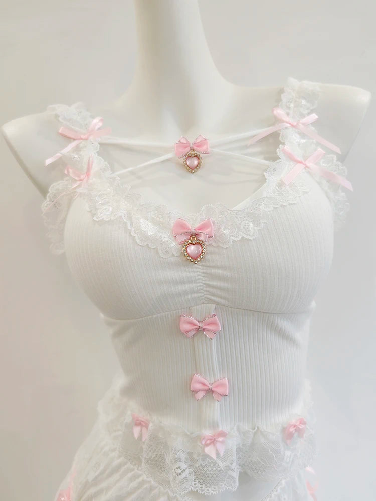 Sweet Crop Top Women Lace Trim Cotton Cropped Bows Bead Decoration Pink White Cute Camis Sweet Girls Lolita Style Kawaii Clothes