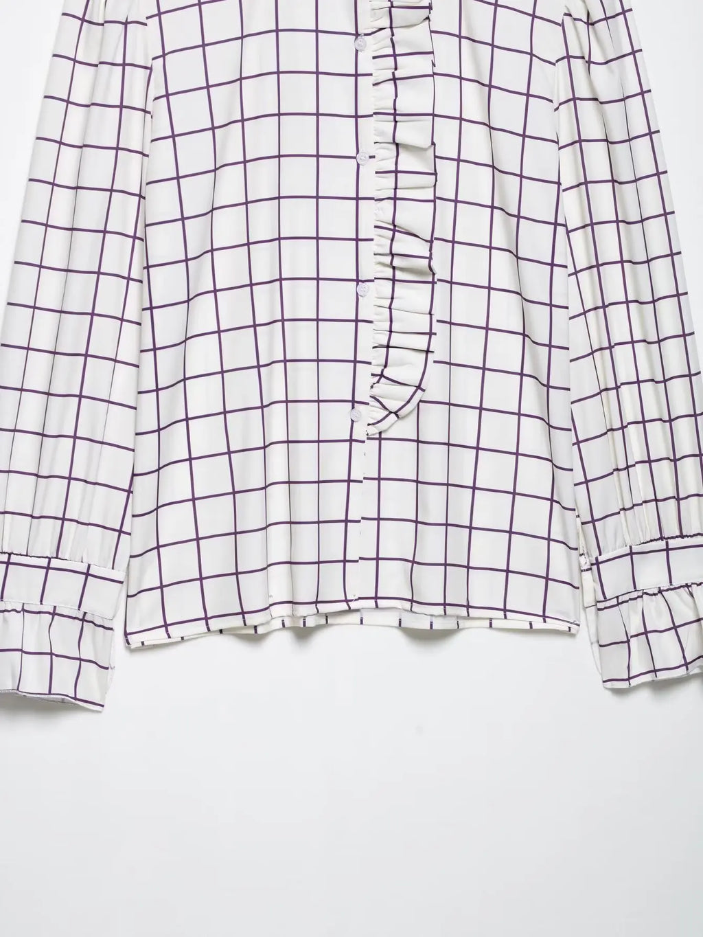 Sweet Women Ruffles Plaid Purple Shirts 2025 Fashion Ladies Casual Stand Collar Blouses for Party Female Elegant Tops Clothes
