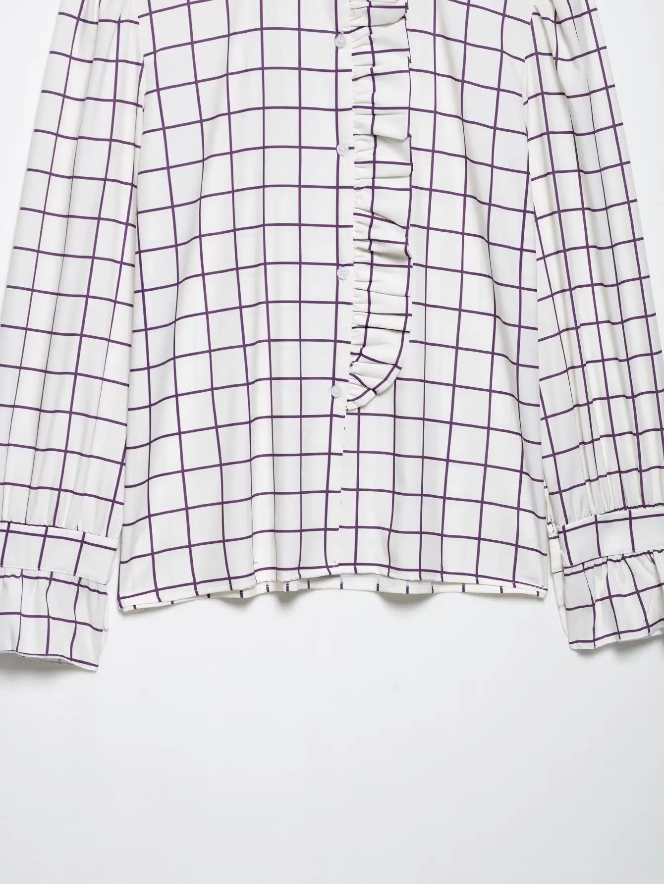 Sweet Women Ruffles Plaid Purple Shirts 2025 Fashion Ladies Casual Stand Collar Blouses for Party Female Elegant Tops Clothes