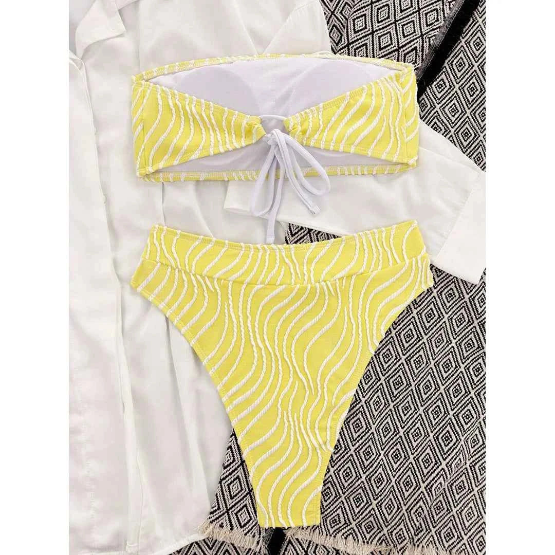 Sexy Wave Striped Bandeau High Waist Bikini Female Swimsuit Women Swimwear Two-pieces Bikini set Bather Bathing Suit Swim K5445