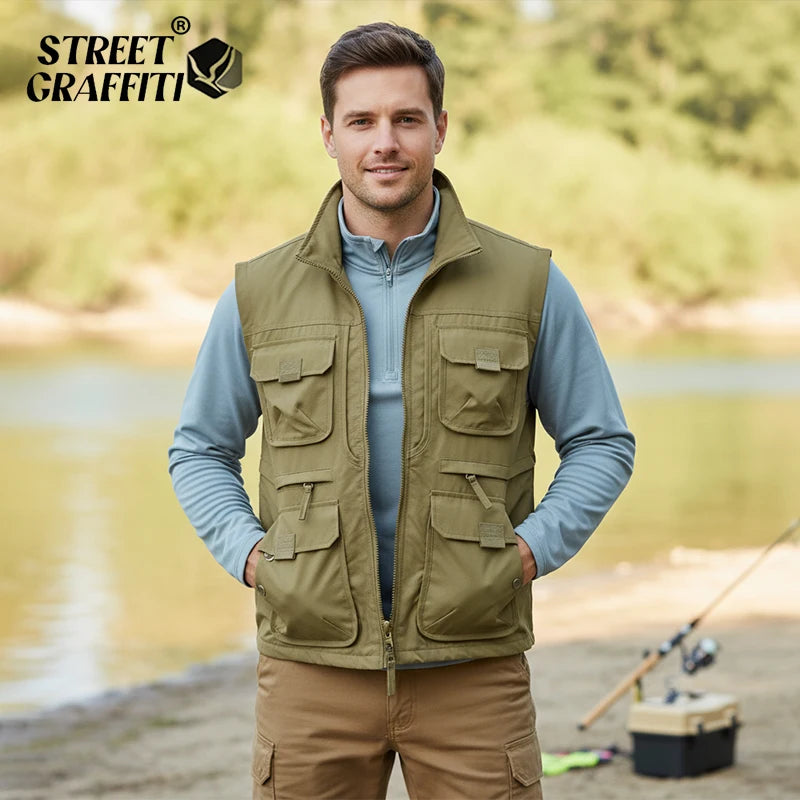 2025 Men's Outdoor Tooling Multi-Pocket Casual Outdoor Fishing Large Size Vest with Vertical Collar Breathable Quick-drying Vest