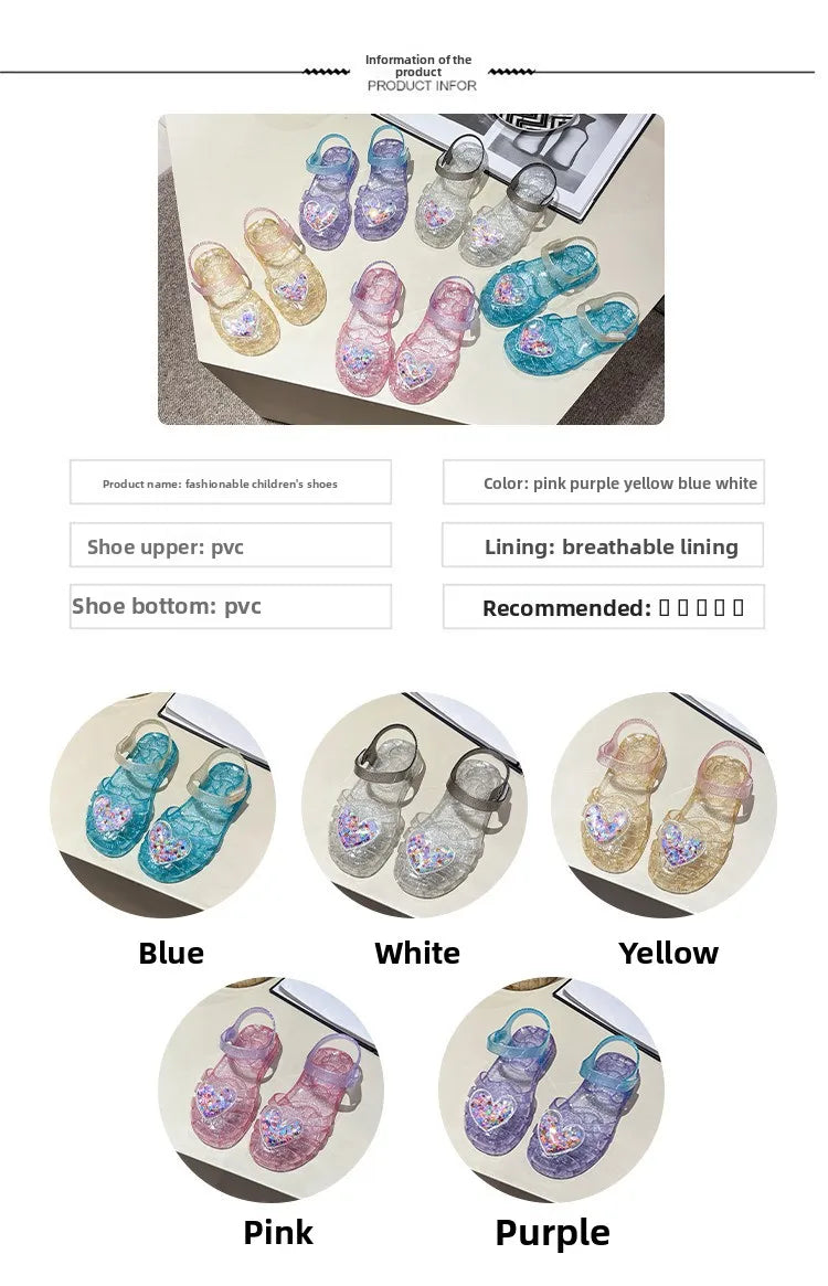 2026Kids' Sandals Ourdoor Crystal Jelly Shoes PVC Love Baby Fashion Flat For Girls Breathable Anti-slip Purple Sliver Size 24-35