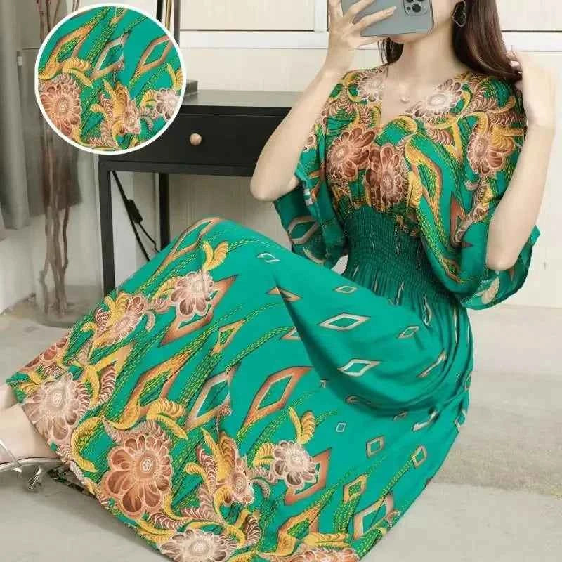 Colorful Flower V-neck Elastic Youthful Bohemian Sweet Midi Dress Woman Clothes Chic Fashion Summer Dresses 2025 Large Swing Ski