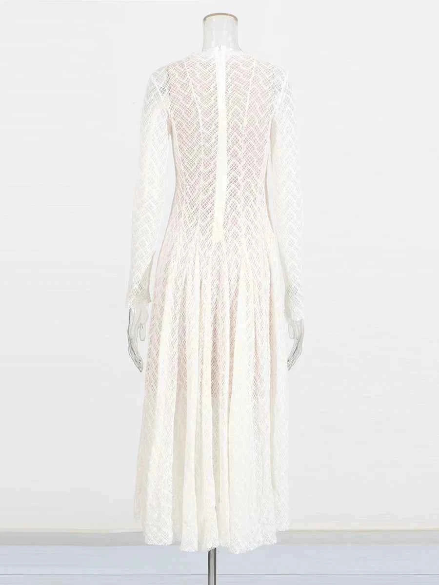 TWOTWINSTYLE Solid Slimming Spliced Ruffles Dresses for Women Round Neck Long Sleeves Patchwork Hollow Out Dress Female Clothing