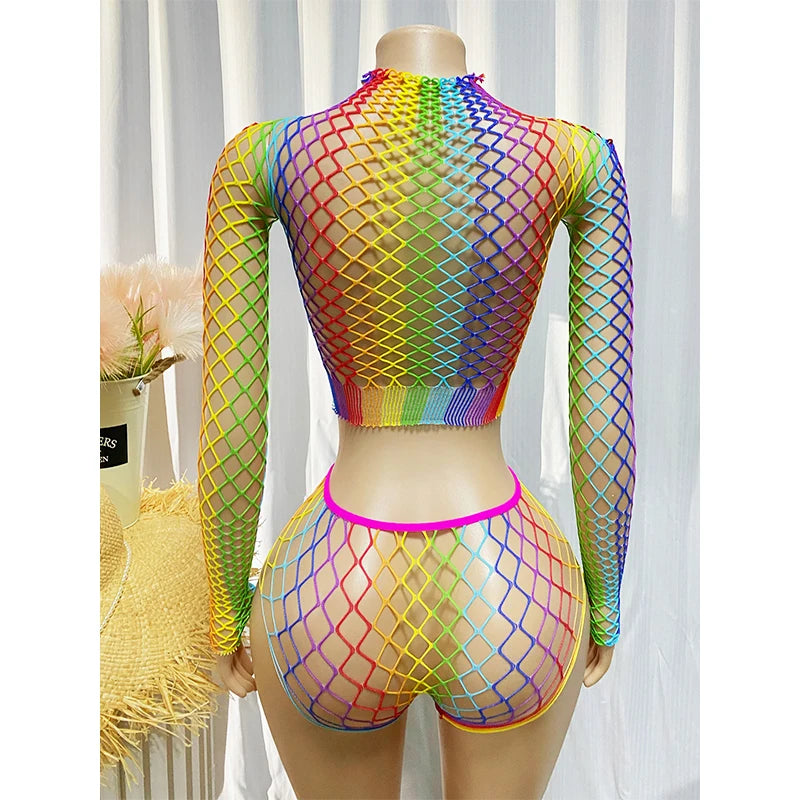 1 Set Sexy Women Fishnet Long Sleeves Cover Up Without Bikini  Bodycon Dress Hollow See Through Beachwear qq653