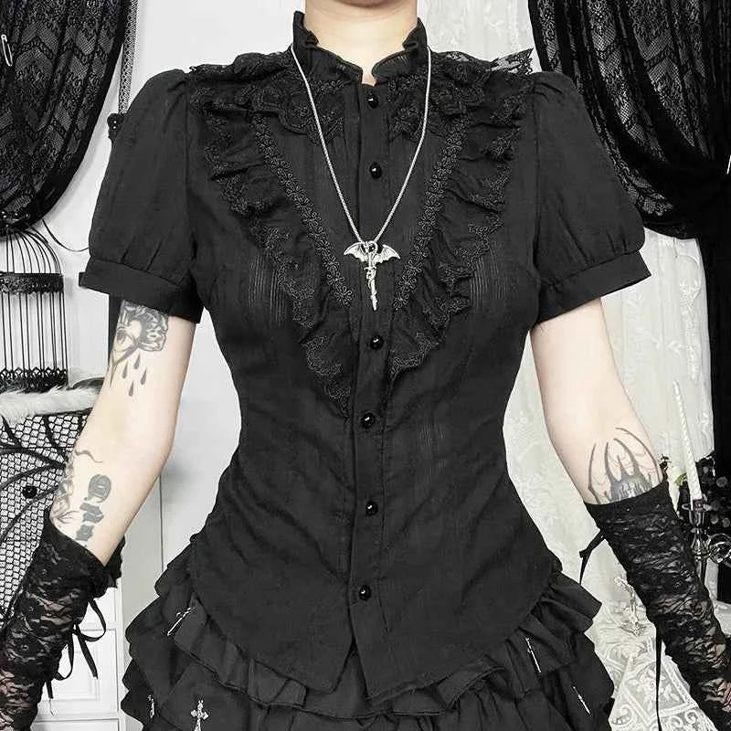 Sweet Lolita Cotton Shirts Women Vintage Gothic Black White Jacquard Short Sleeve Blouses Elegant Office Lady Y2k Tops