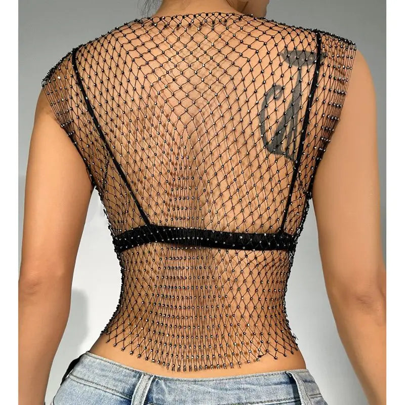 Sexy Top Women Shiny Rhinestone Fishnet Women Y2K Tank Crop Tops See Through Summer Beach Cover Up Tops Party Nightclub Clothing