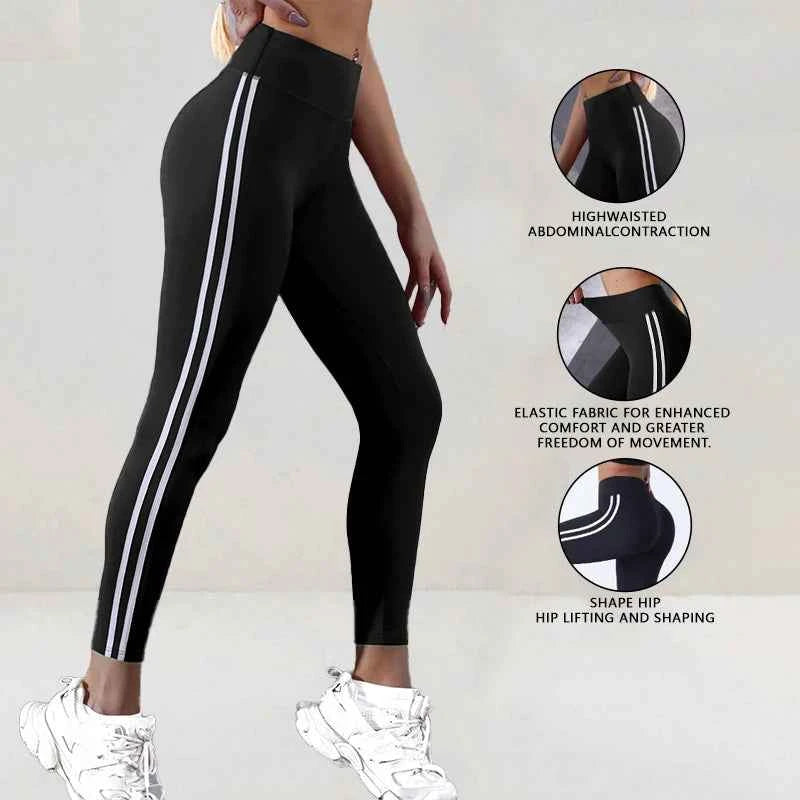 Womens High Waist Striped Yoga Leggings Butt Lifting Stretchy Breathable Tummy Control Soft Workout Pants for Gym Running