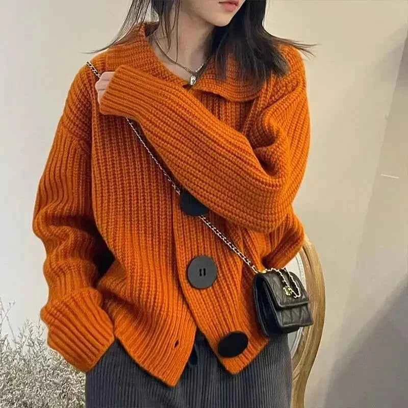 Temperament Fashion Sping Autumn New Sweaters Coats New Women Solid Lapel Button Korean Casual Long Sleeve Cardigan Knitted Tops