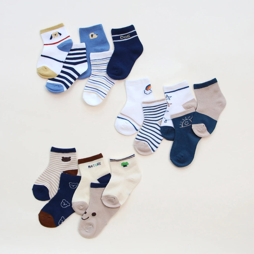 5 Pairs Summer Cotton Socks for Boy Girl Cute Cartoon Thin Breathable Baby Middle Tube Socks Fashion Stripe Kids Socks 0-3 Years