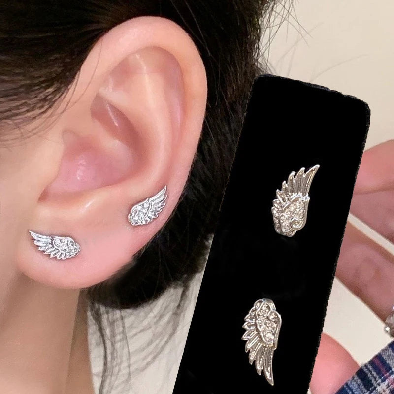Fashion Zircon Wing Stud Earrings for Women Luxury Shiny Crystal Creative Angel Wings Cross Silver Color Ear Studs Jewelry Gifts