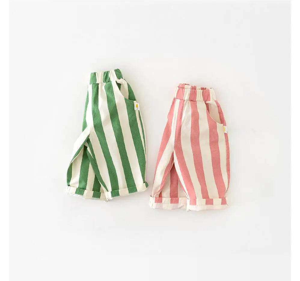 Autumn New Boy Girl Children Loose Striped Casual Pants Baby Pockets Fashion Pants Kid Outdoor Cotton Trousers Toddler Costume