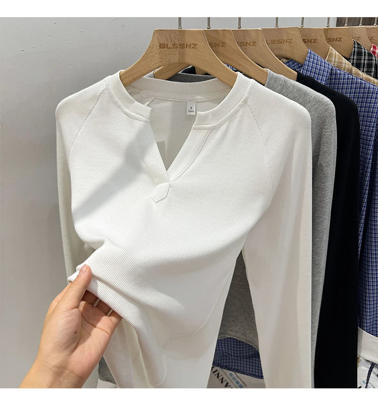 2026 Women's Basic Style Slim Fit V-Neck Long Sleeve T-Shirt Korean Style Versatile Simple Base Layer Top Casual Tee for Women