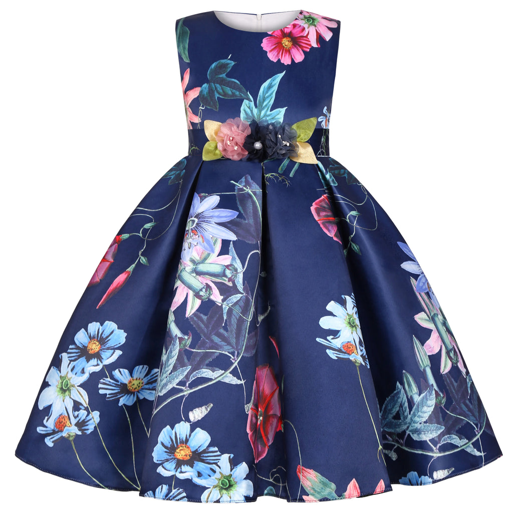 2026 European and American children's new flower vintage print princess dress girl holiday party dress dress