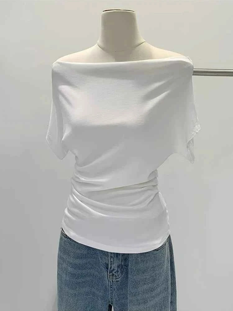 Summer One Shoulder Black Women's T-shirt Short Sleeve Korean Style Slimming Top Exposed Shoulder Fashionable